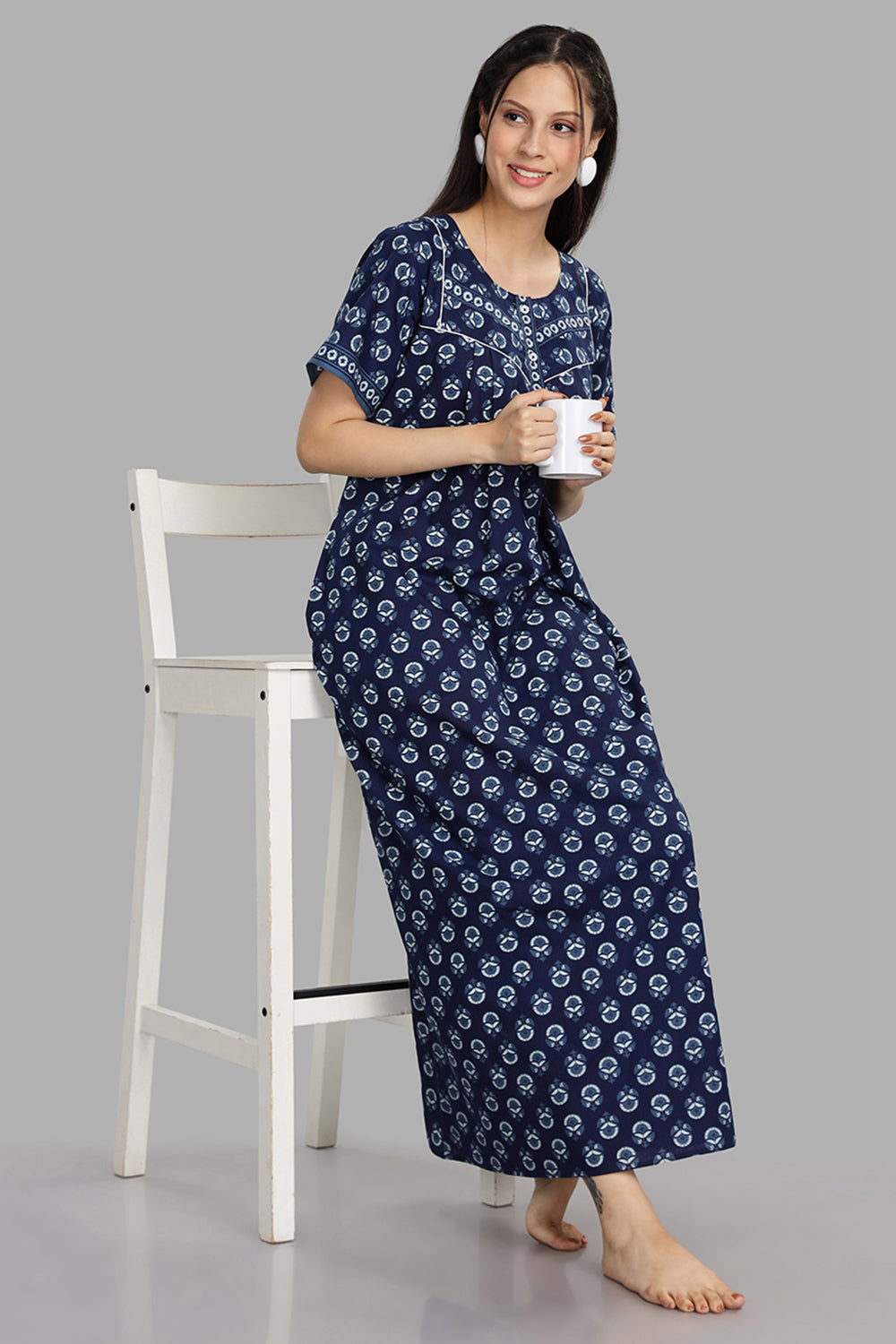 Naidu Hall Women's Round Neck A-Line Nighty with Front Button Placket and Piping Detailed Yoke - Indigo - NA19
