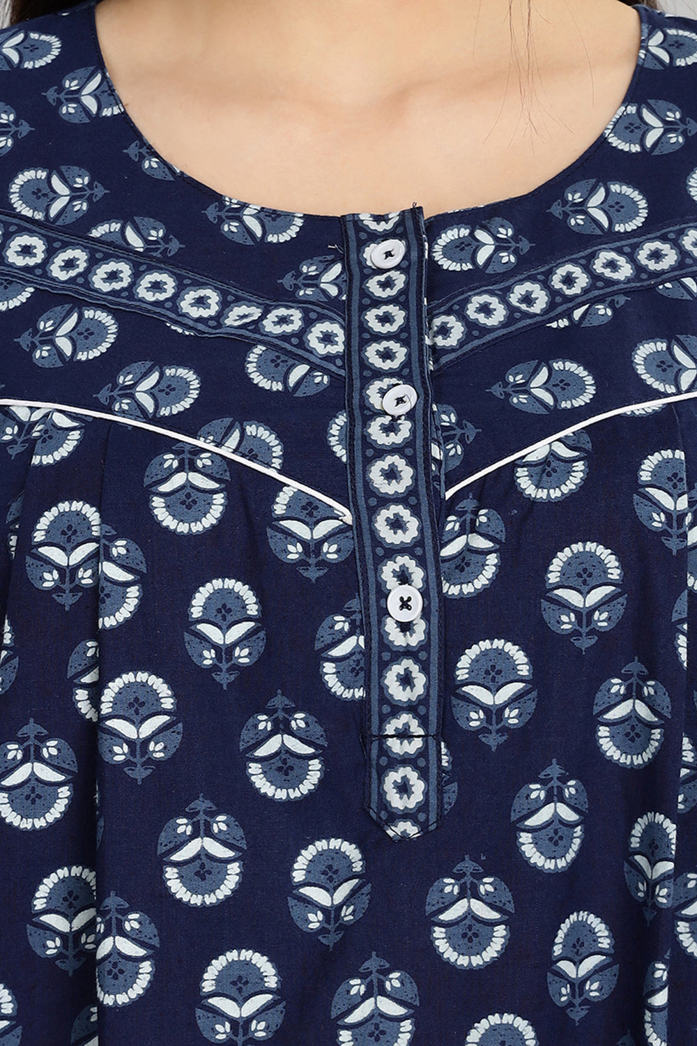 Naidu Hall Women's Round Neck A-Line Nighty with Front Button Placket and Piping Detailed Yoke - Indigo - NA19