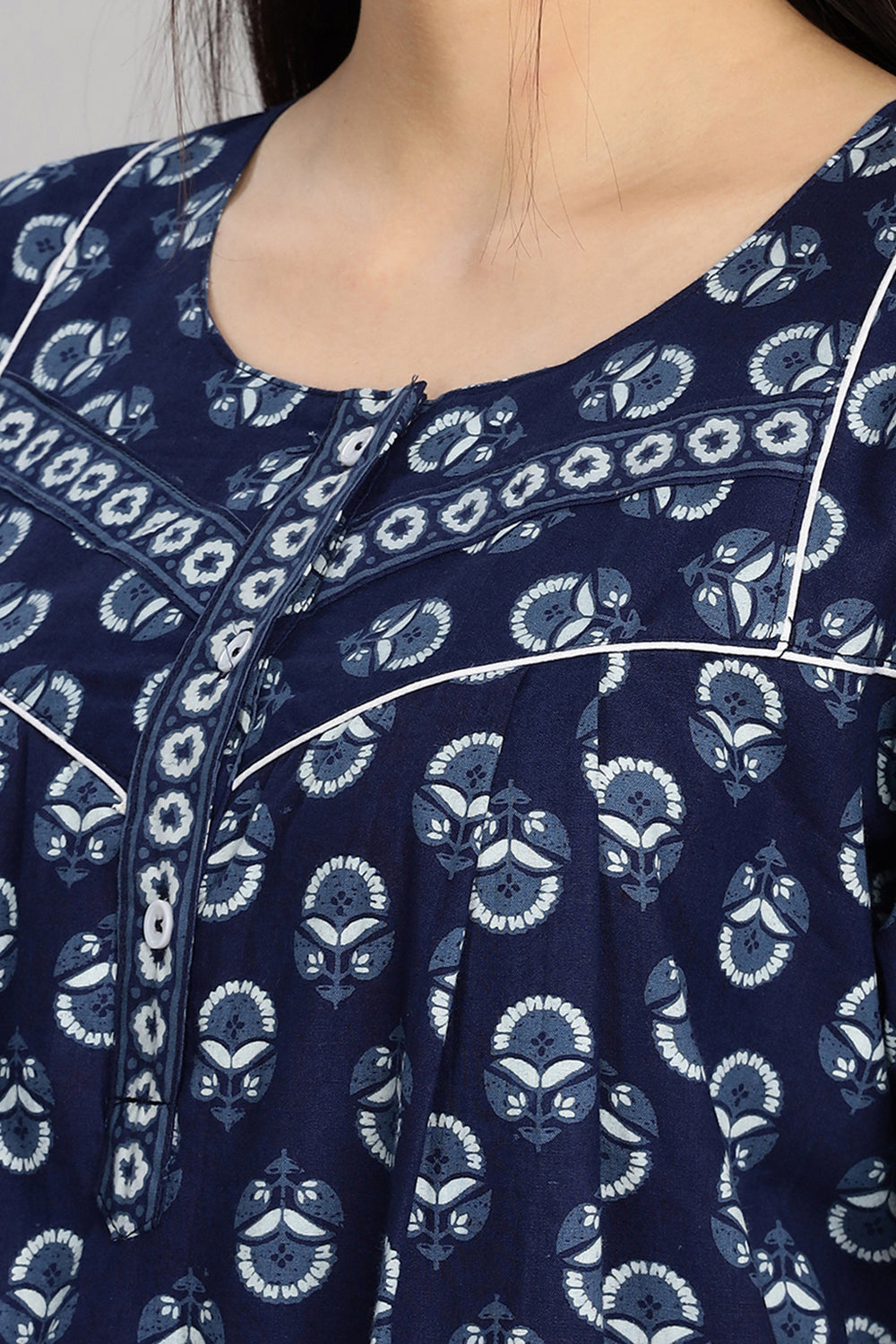 Naidu Hall Women's Round Neck A-Line Nighty with Front Button Placket and Piping Detailed Yoke - Indigo - NA19
