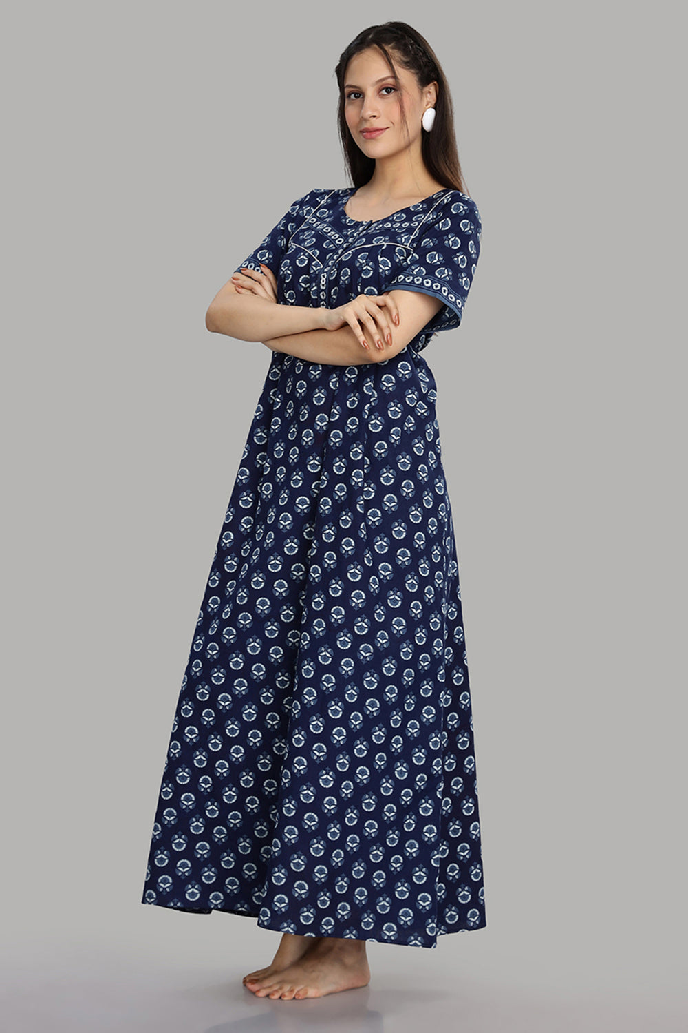 Naidu Hall Women's Round Neck A-Line Nighty with Front Button Placket and Piping Detailed Yoke - Indigo - NA19