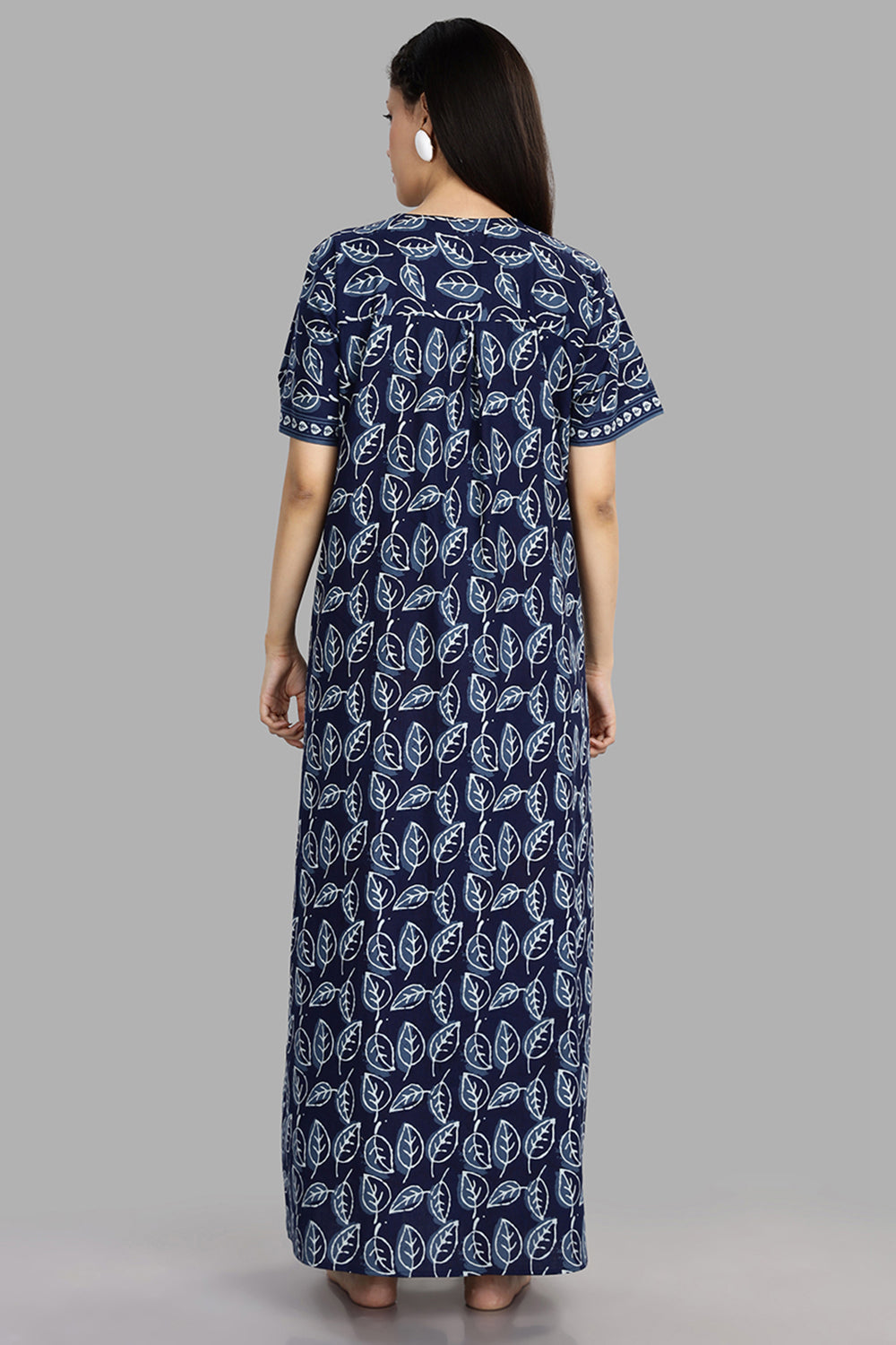 Naidu Hall Women's Round Neck A-Line Nighty with Front Button Placket and Piping Detailed Yoke - Indigo - NA15