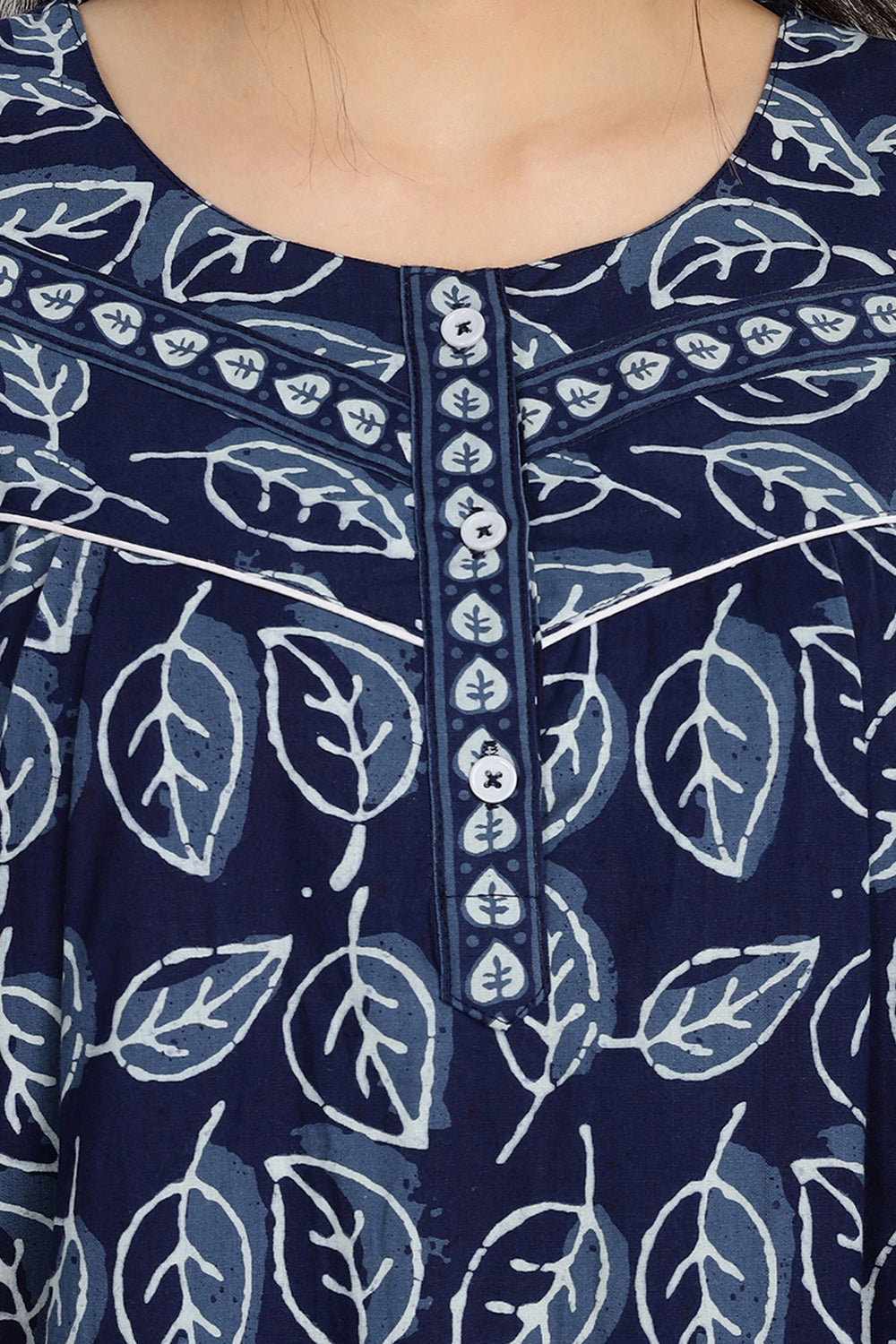 Naidu Hall Women's Round Neck A-Line Nighty with Front Button Placket and Piping Detailed Yoke - Indigo - NA15