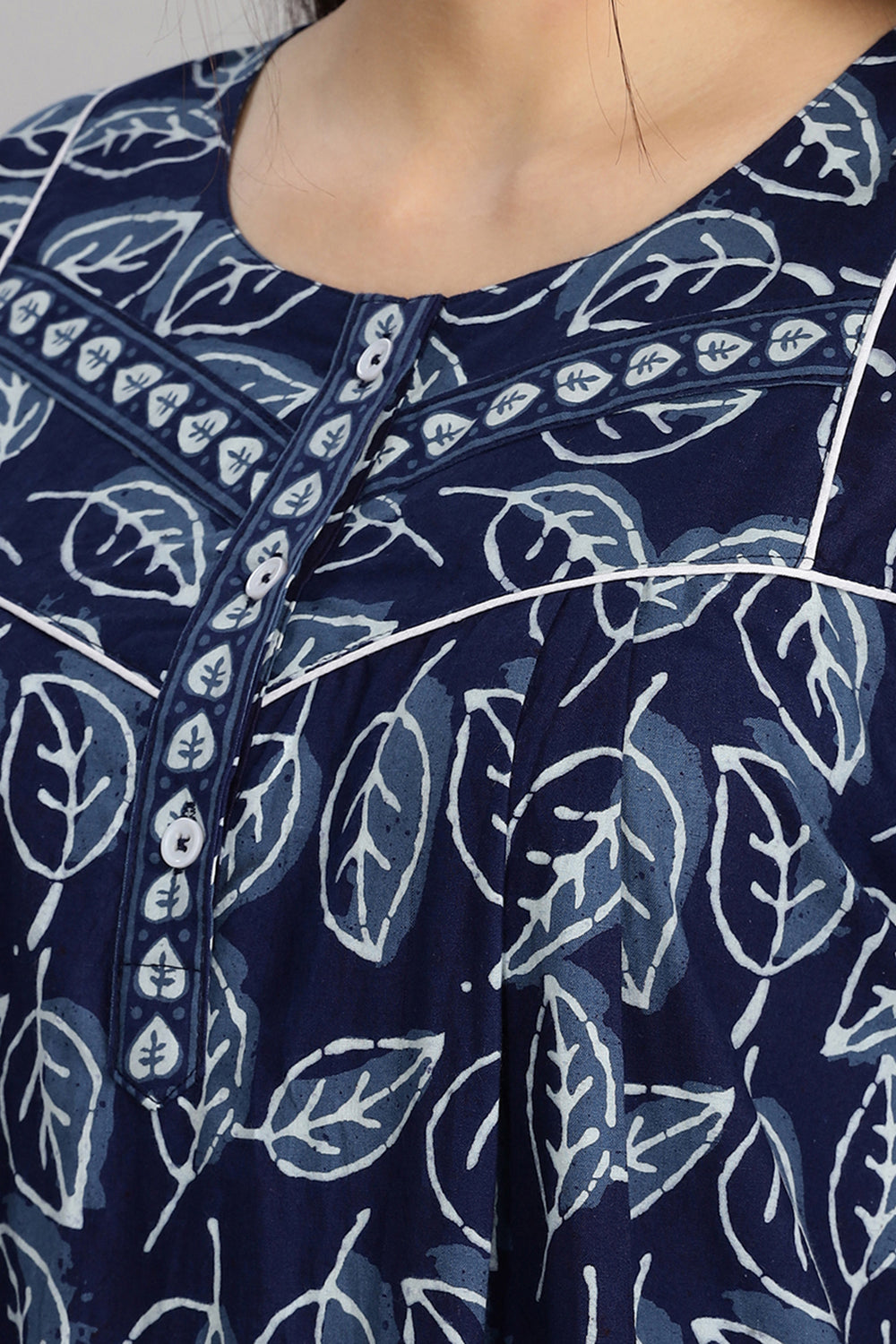 Naidu Hall Women's Round Neck A-Line Nighty with Front Button Placket and Piping Detailed Yoke - Indigo - NA15