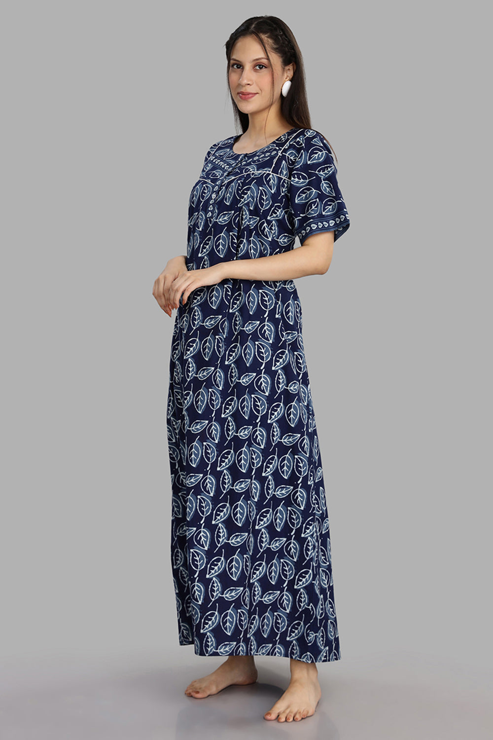 Naidu Hall Women's Round Neck A-Line Nighty with Front Button Placket and Piping Detailed Yoke - Indigo - NA15