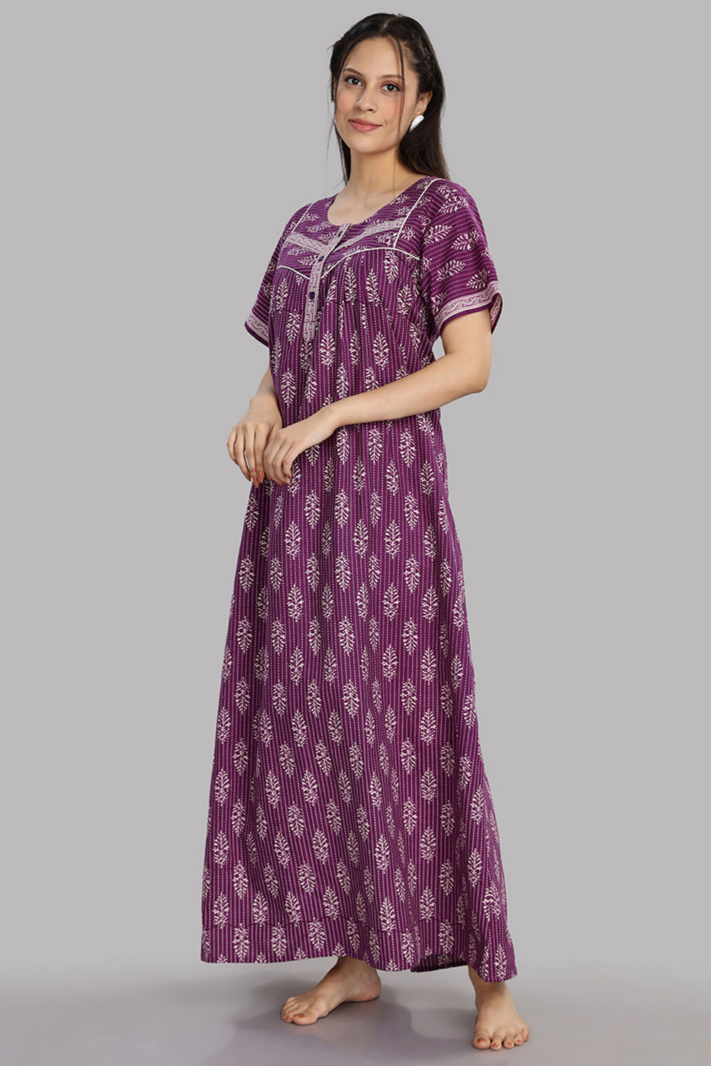 Naidu Hall Women's Round Neck A-Line Nighty with Front Button Placket and Piping Detailed Yoke - Lavender - NA21