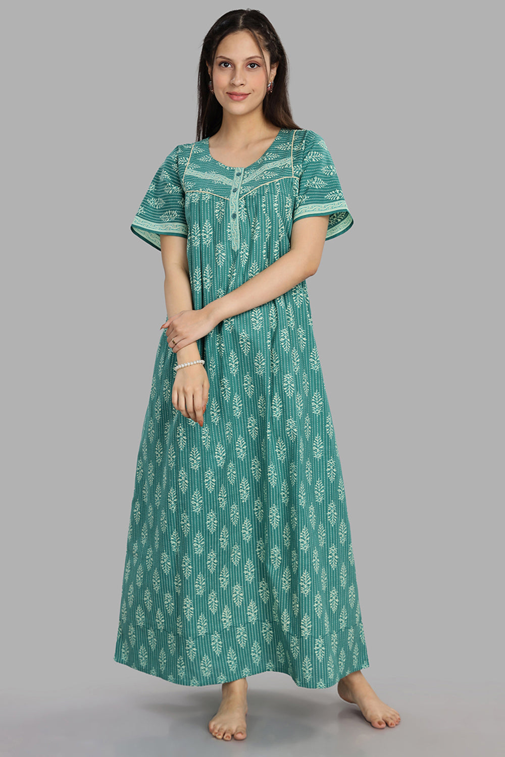 Naidu Hall Women's Round Neck A-Line Nighty with Front Button Placket and Piping Detailed Yoke - Teal - NA21