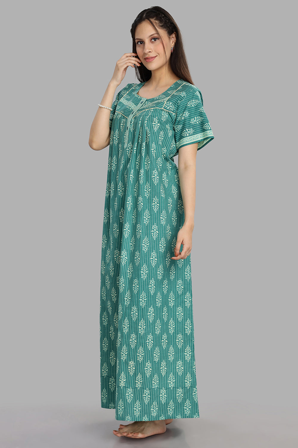 Naidu Hall Women's Round Neck A-Line Nighty with Front Button Placket and Piping Detailed Yoke - Teal - NA21