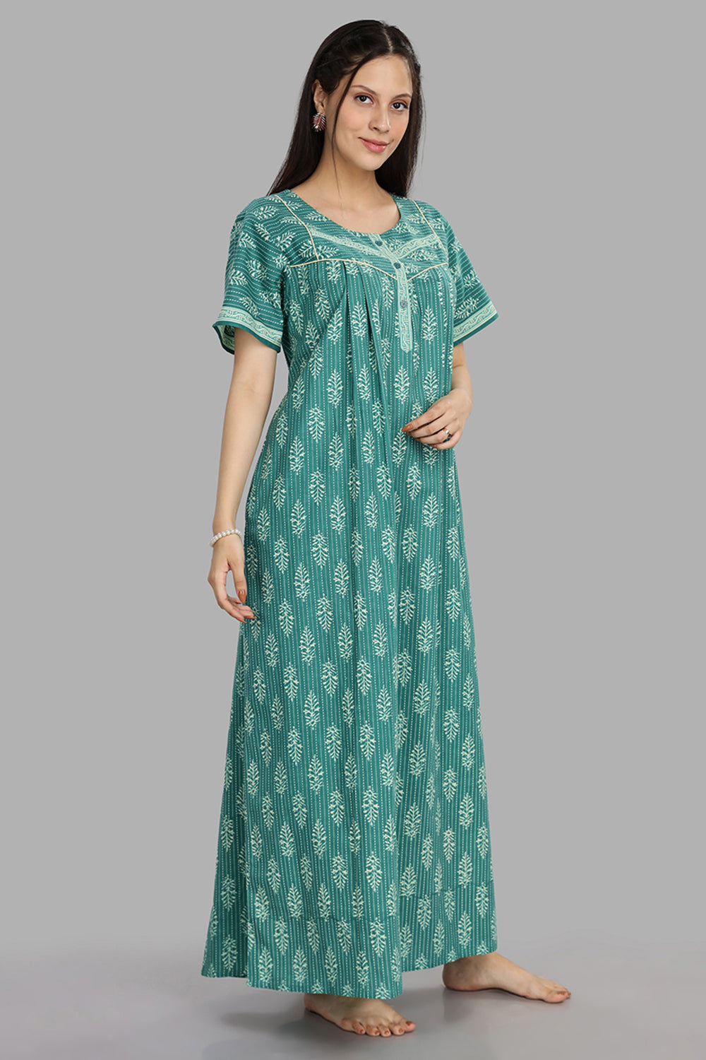 Naidu Hall Women's Round Neck A-Line Nighty with Front Button Placket and Piping Detailed Yoke - Teal - NA21
