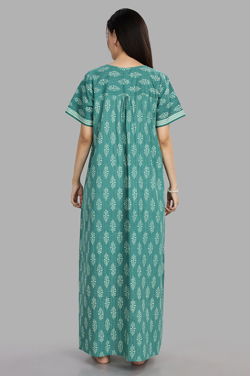 Naidu Hall Women's Round Neck A-Line Nighty with Front Button Placket and Piping Detailed Yoke - Teal - NA21