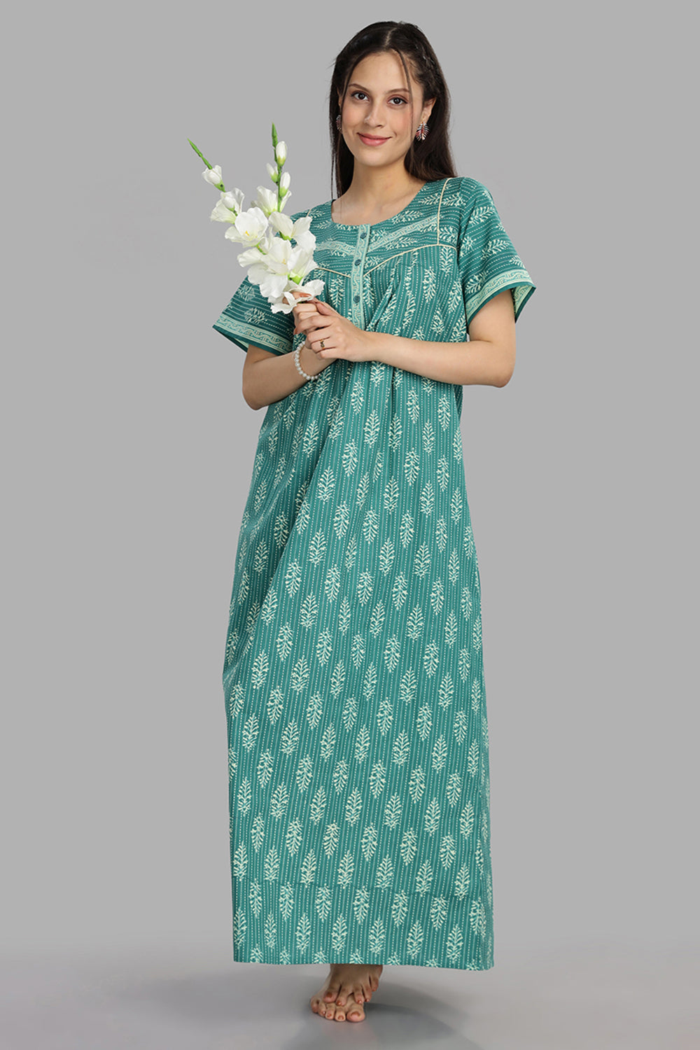 Naidu Hall Women's Round Neck A-Line Nighty with Front Button Placket and Piping Detailed Yoke - Teal - NA21