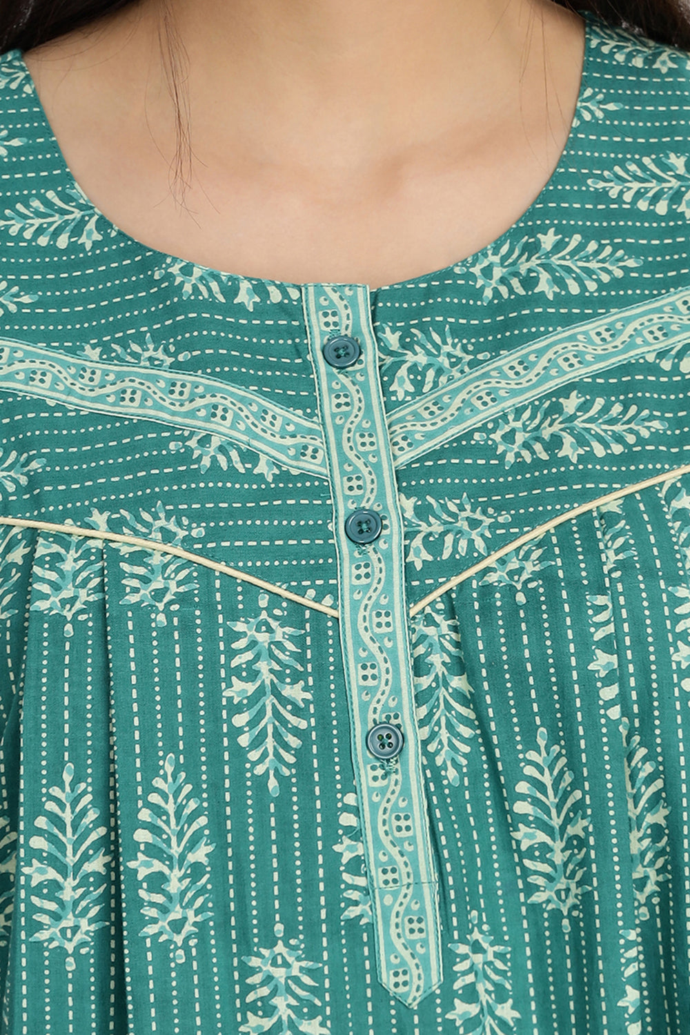 Naidu Hall Women's Round Neck A-Line Nighty with Front Button Placket and Piping Detailed Yoke - Teal - NA21