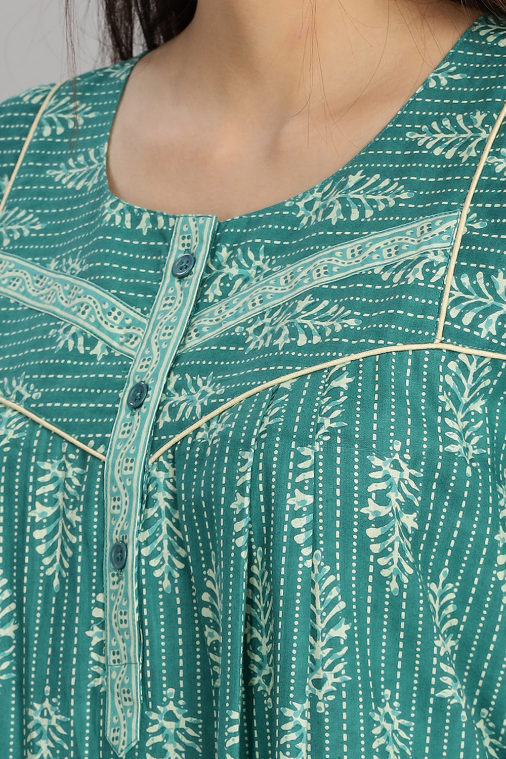 Naidu Hall Women's Round Neck A-Line Nighty with Front Button Placket and Piping Detailed Yoke - Teal - NA21