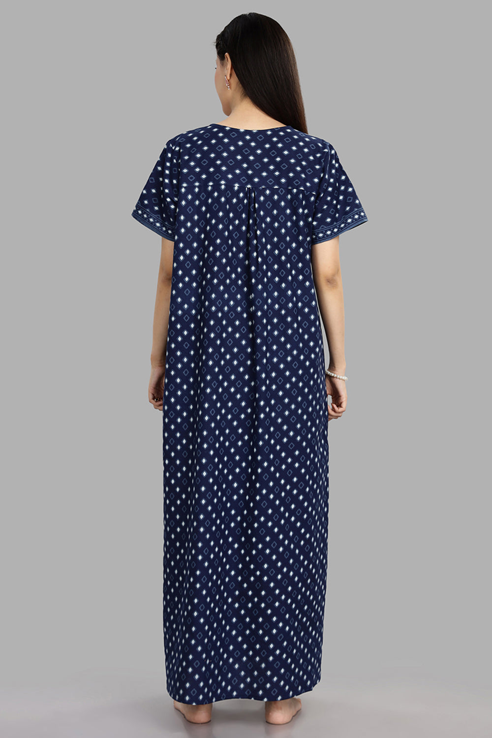 Naidu Hall Women's Round Neck A-Line Nighty with Front Button Placket and Piping Detailed Yoke - Indigo - NA18