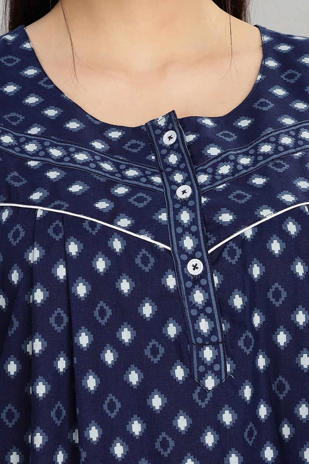 Naidu Hall Women's Round Neck A-Line Nighty with Front Button Placket and Piping Detailed Yoke - Indigo - NA18