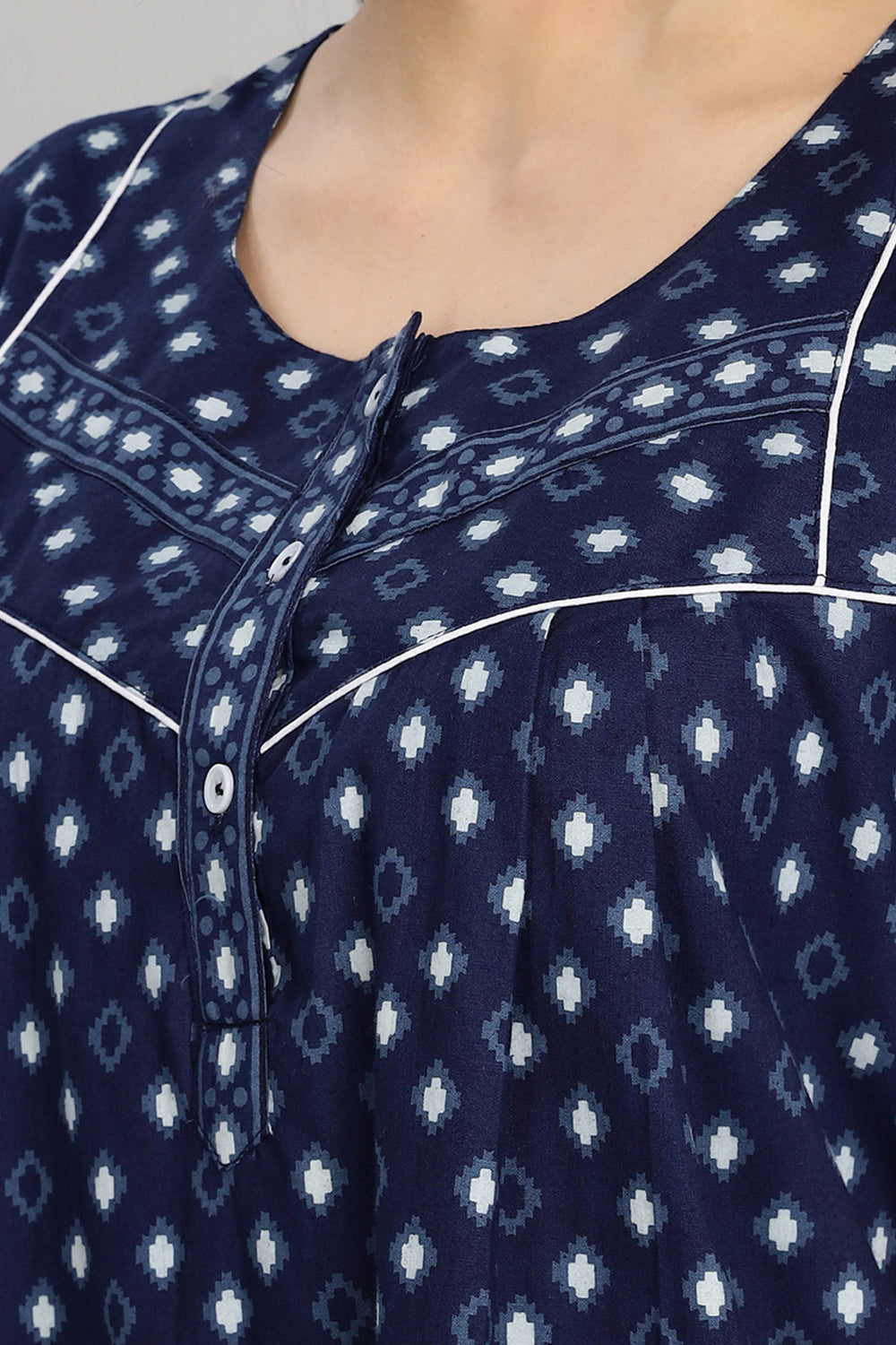 Naidu Hall Women's Round Neck A-Line Nighty with Front Button Placket and Piping Detailed Yoke - Indigo - NA18