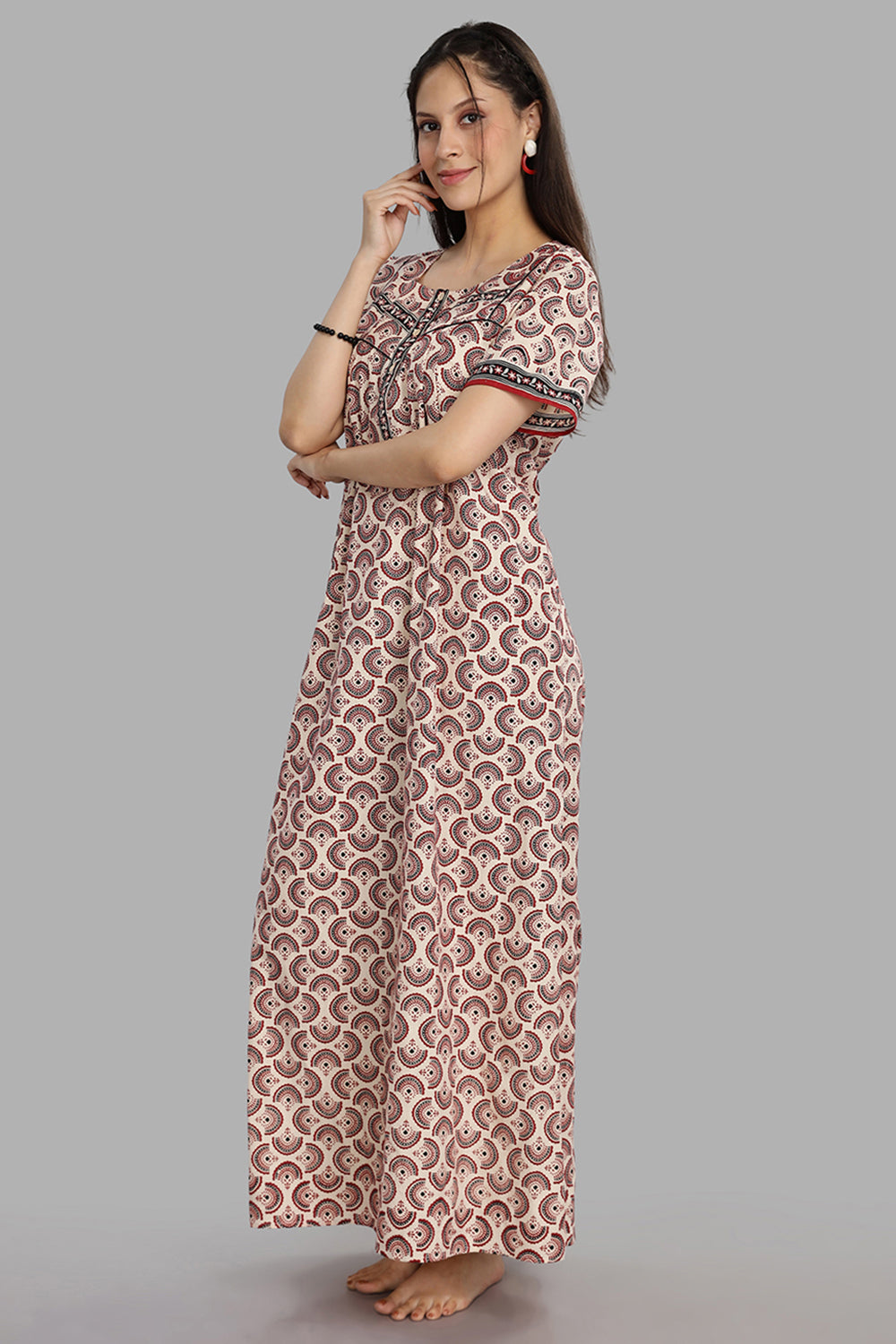 Naidu Hall Women's Round Neck A-Line Nighty with Front Button Placket and Piping Detailed Yoke - Beige - NA20