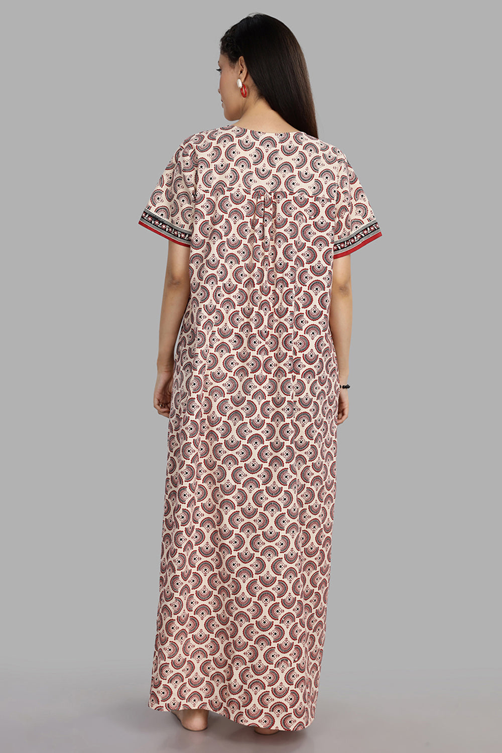 Naidu Hall Women's Round Neck A-Line Nighty with Front Button Placket and Piping Detailed Yoke - Beige - NA20