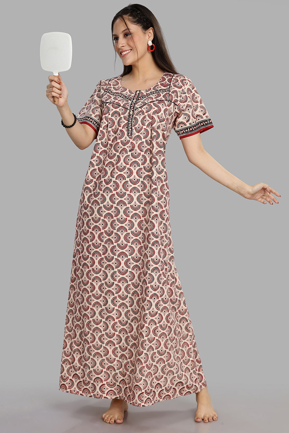 Naidu Hall Women's Round Neck A-Line Nighty with Front Button Placket and Piping Detailed Yoke - Beige - NA20
