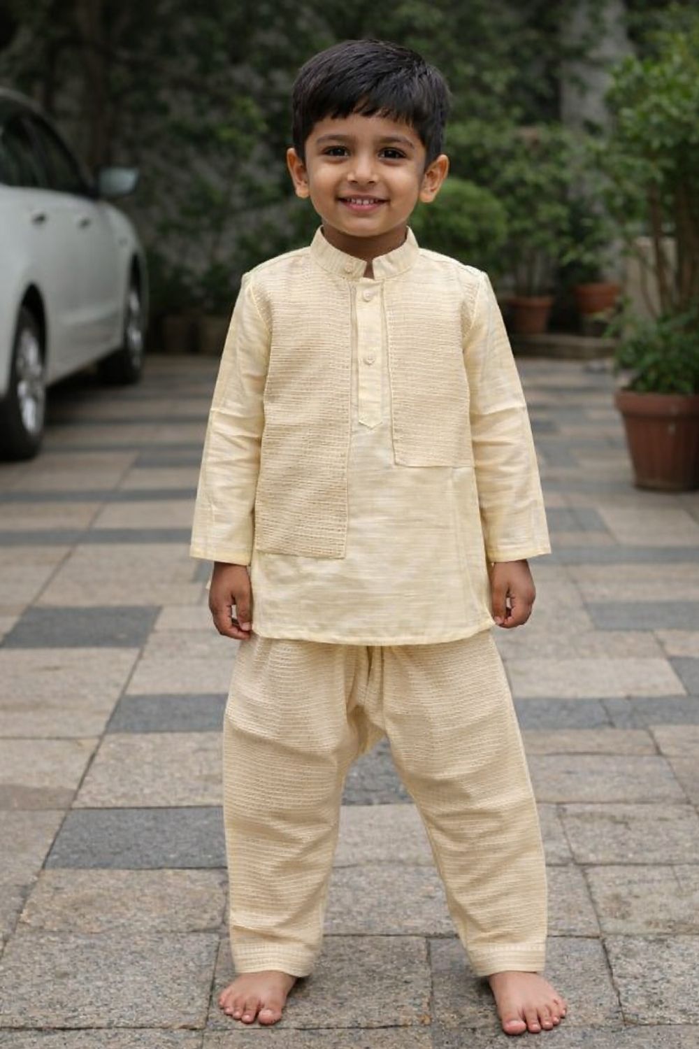 Navkrish Boys Traditional Kurta Set | Off White Brocade Kurta with Mandarin Collar & Front Attached Panel Jacket Look | Gold Checked Brocade Pattern | Festive Ethnic Wear for Boys - S017