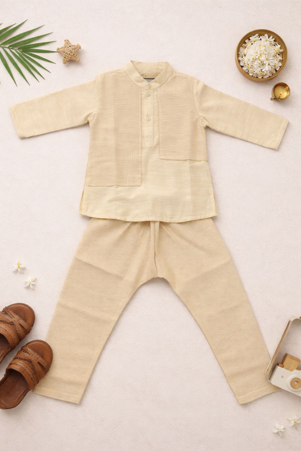 Navkrish Boys Traditional Kurta Set | Off White Brocade Kurta with Mandarin Collar & Front Attached Panel Jacket Look | Gold Checked Brocade Pattern | Festive Ethnic Wear for Boys - S017