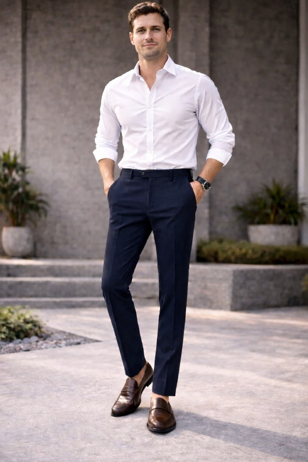 Navy Cotton Stretch Regular Fit Formal Trousers with Contrast Waistband for  Men