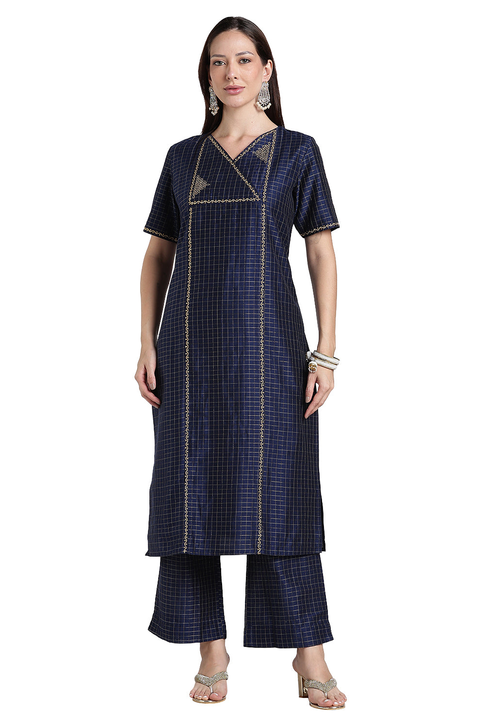 Mythri Women's Cotton Blend Embroidered Kurta Set with Wide Leg Pants | Crossover V-Neck Ethnic Kurta Set for Women | Festive & Traditional Wear - KS04
