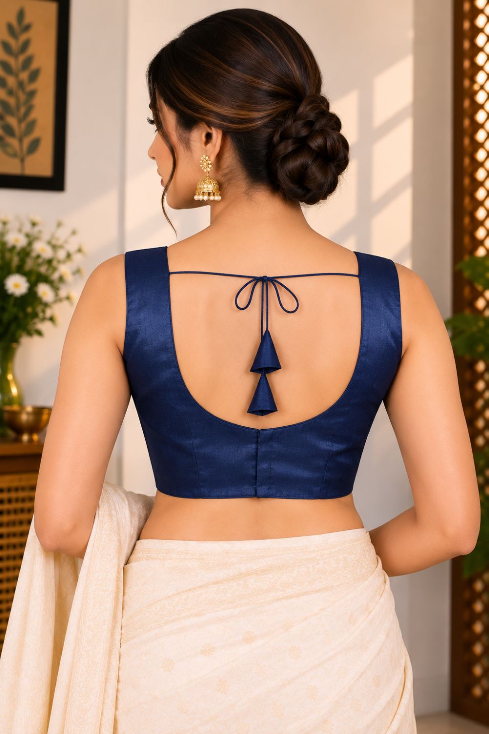 Women's Solid Silk Blend Saree Blouse with V Neck Neckline and attachable Elbow Sleeve - Regular | Ready-to-Wear Saree Blouse for Daily Wear, Festive Wear, Office Wear, Special Occasions - L640
