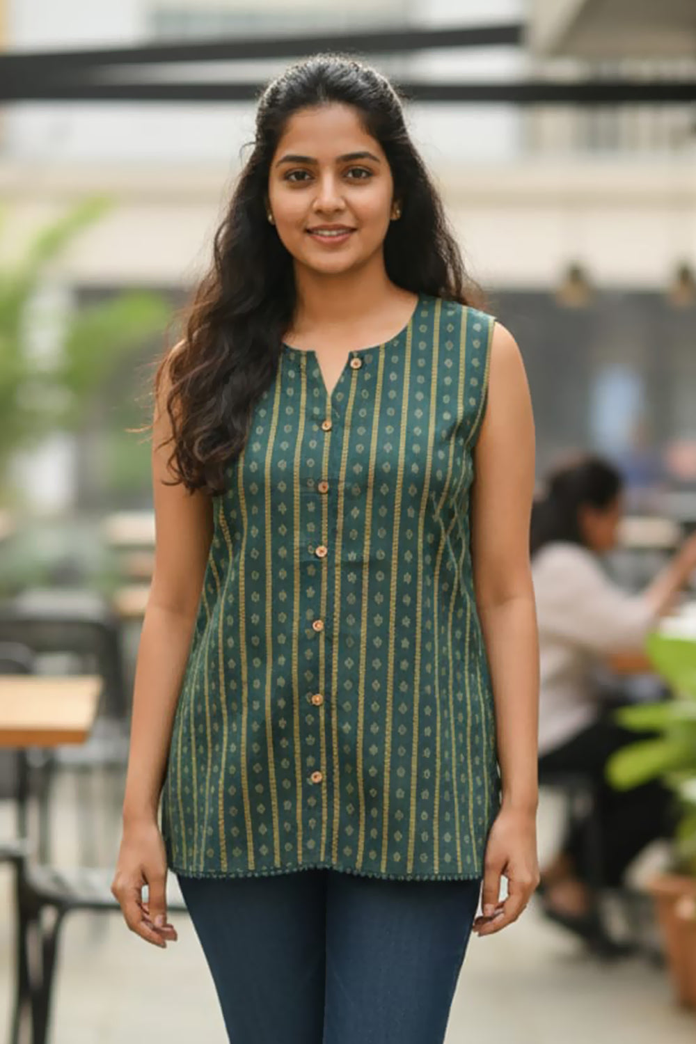 Women’s Cotton Blend Ethnic Top – Regular Fit Sleeveless Printed Top with Round V-Neck | Stylish Everyday Wear Top - Dark Green - OF19