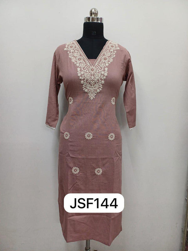 Women’s Women’s Cotton Blend Embroidered Kurthi with V-Neck & 3/4 Sleeves – Below Knee Length - Onion - F144