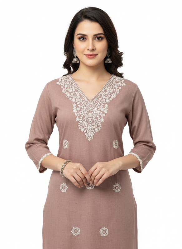 Women’s Women’s Cotton Blend Embroidered Kurthi with V-Neck & 3/4 Sleeves – Below Knee Length - Onion - F144