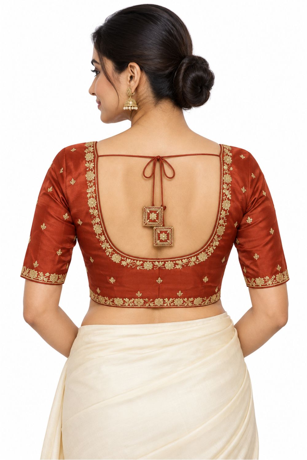 Women's Embroidery Silk Blend Saree Blouse with Round Neck Neckline and Elbow Sleeve - Regular | Ready-to-Wear Saree Blouse for Daily Wear, Festive Wear, Office Wear, Special Occasions - L566