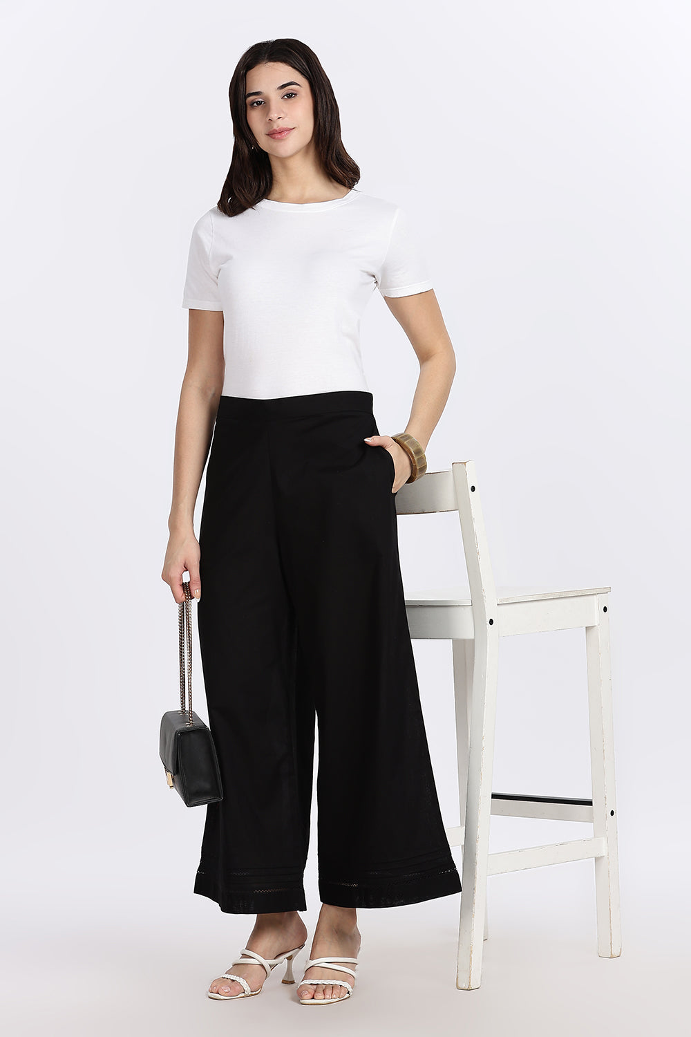 Mythri Women’s Wide-Leg Pant – Cotton Blend Everyday Wear with Pintuck and Lace Insert | Comfortable & Elegant - TD01