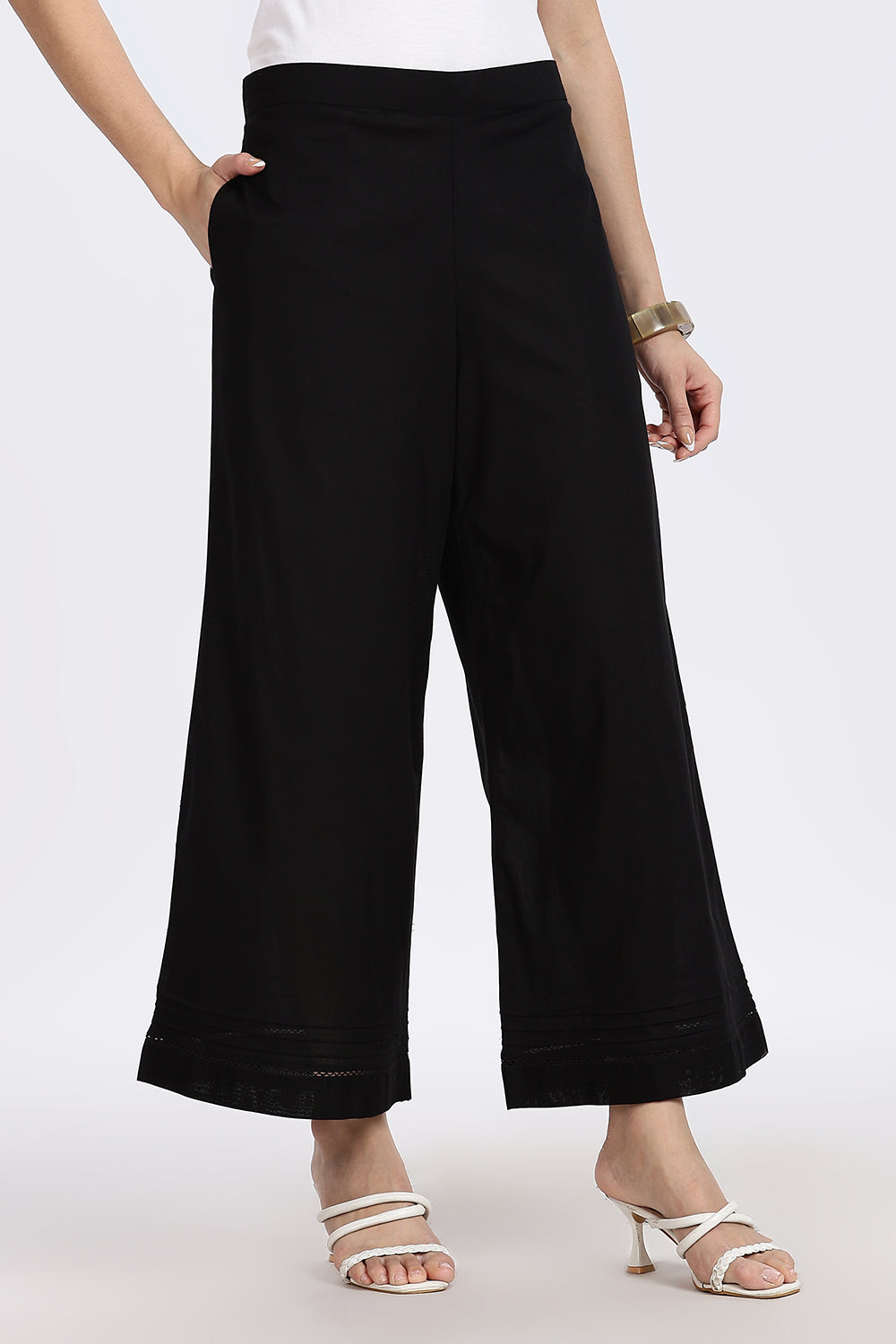 Mythri Women’s Wide-Leg Pant – Cotton Blend Everyday Wear with Pintuck and Lace Insert | Comfortable & Elegant - TD01