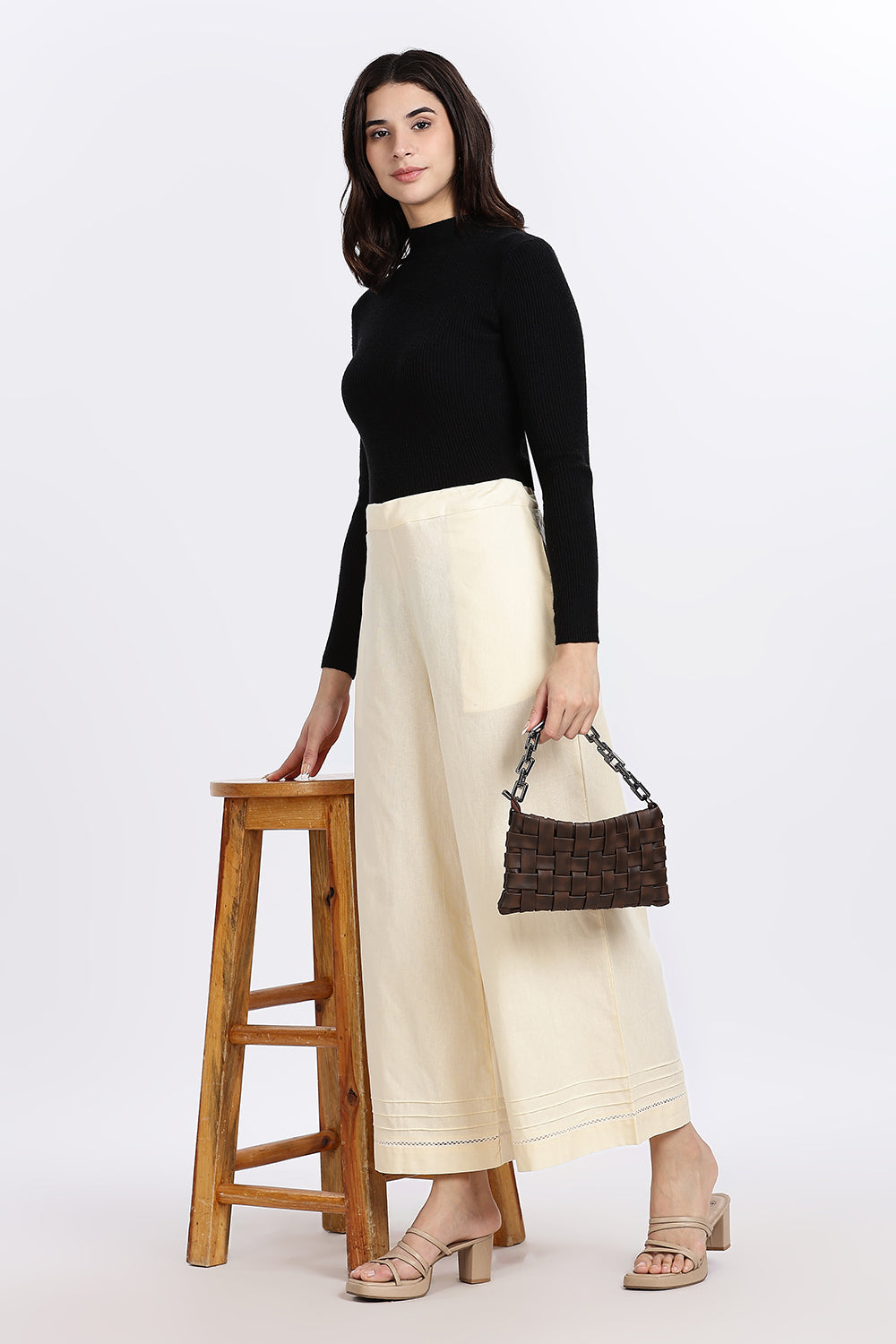 Mythri Women’s Wide-Leg Pant – Cotton Blend Everyday Wear with Pintuck and Lace Insert | Comfortable & Elegant - TD01