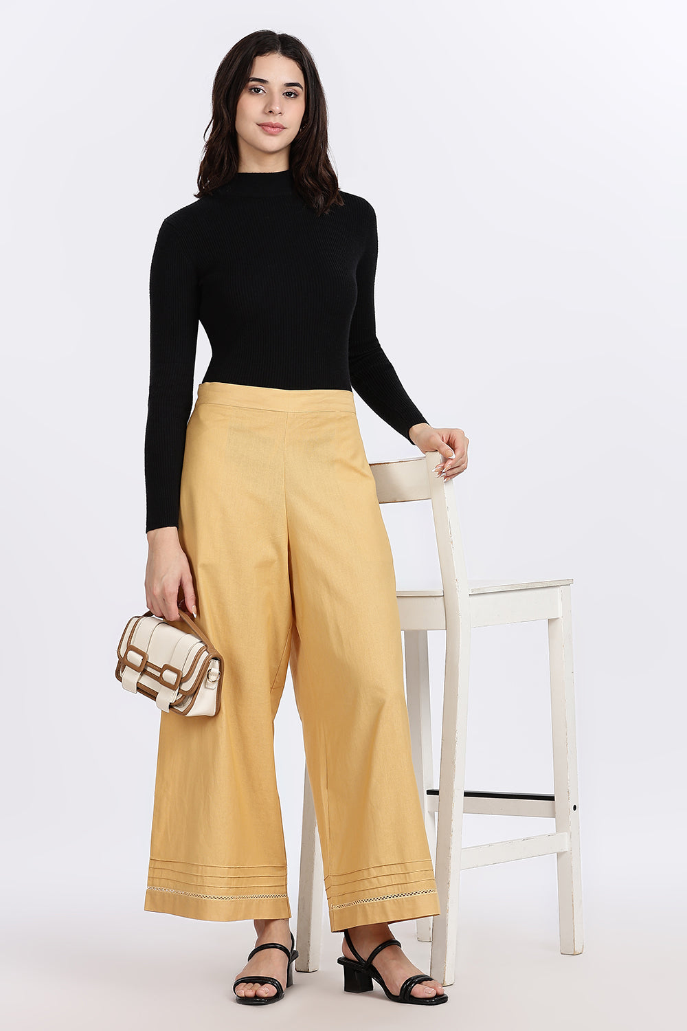 Mythri Women’s Wide-Leg Pant – Cotton Blend Everyday Wear with Pintuck and Lace Insert | Comfortable & Elegant - TD01