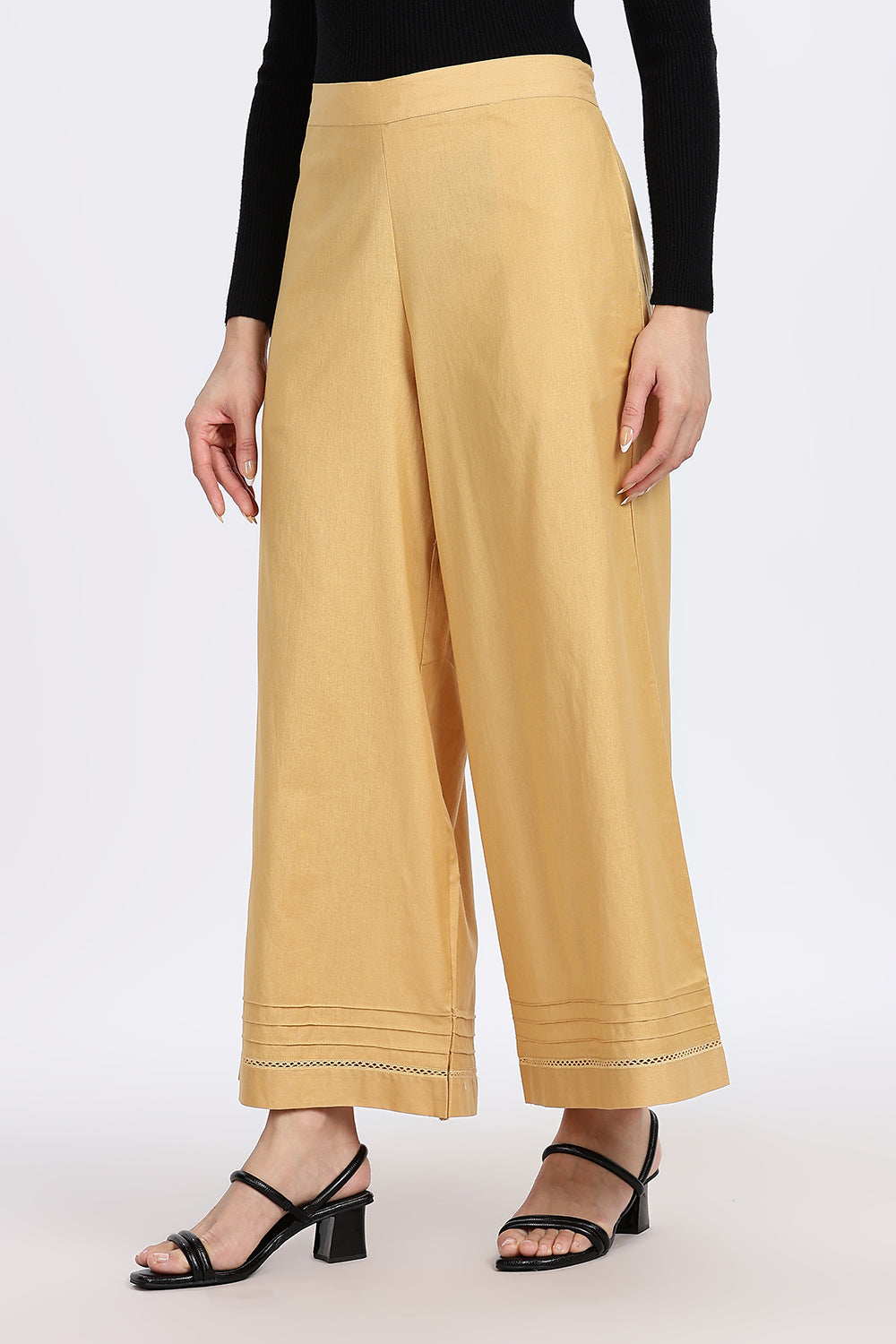 Mythri Women’s Wide-Leg Pant – Cotton Blend Everyday Wear with Pintuck and Lace Insert | Comfortable & Elegant - TD01