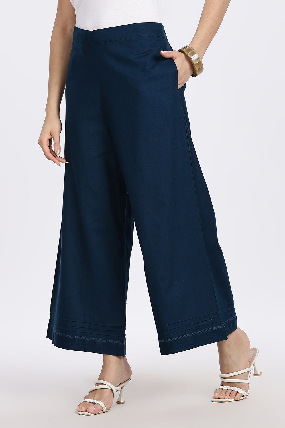 Mythri Women’s Wide-Leg Pant – Cotton Blend Everyday Wear with Pintuck and Lace Insert | Comfortable & Elegant - TD01