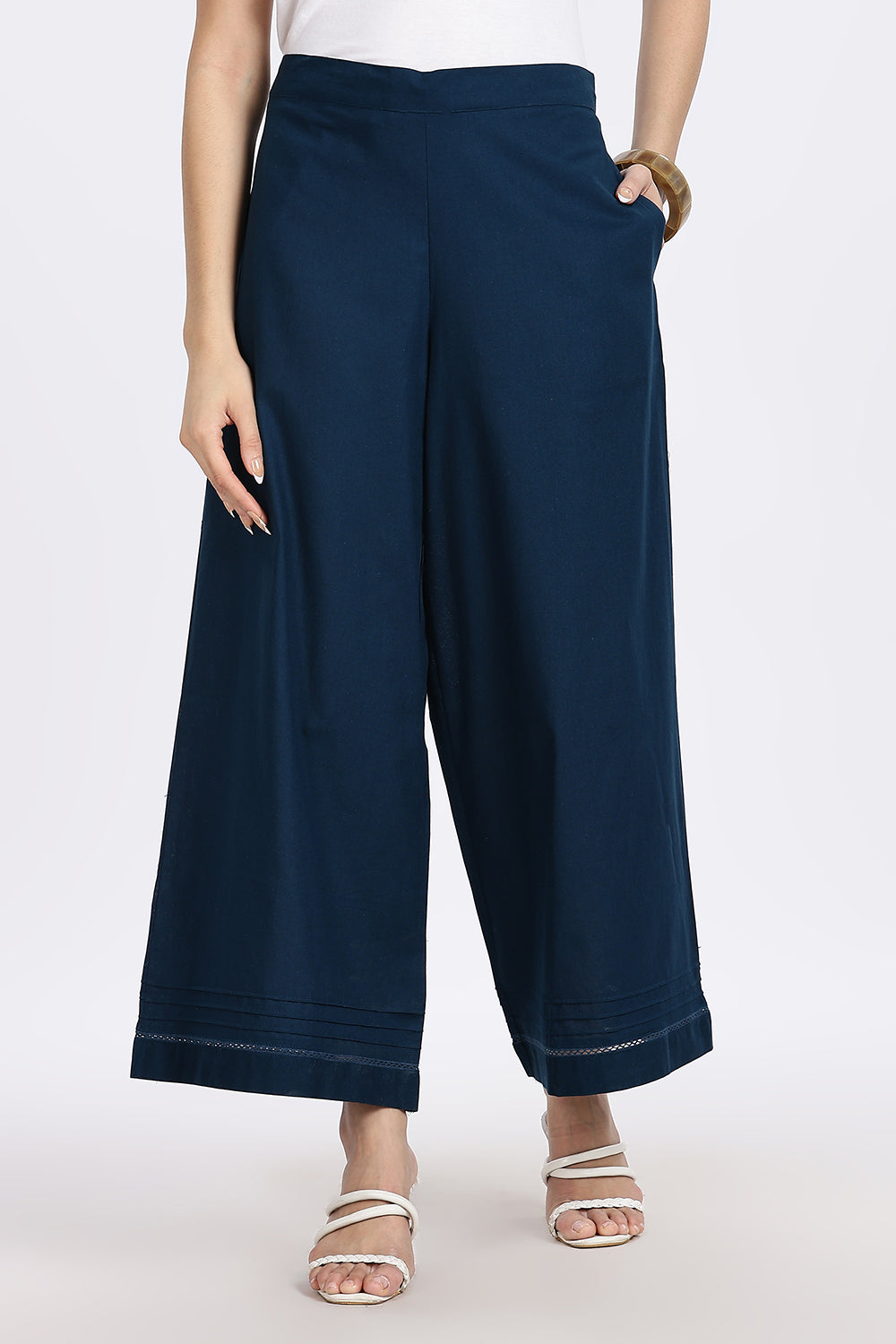 Mythri Women’s Wide-Leg Pant – Cotton Blend Everyday Wear with Pintuck and Lace Insert | Comfortable & Elegant - TD01