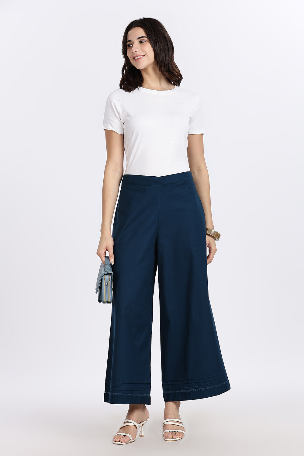 Mythri Women’s Wide-Leg Pant – Cotton Blend Everyday Wear with Pintuck and Lace Insert | Comfortable & Elegant - TD01