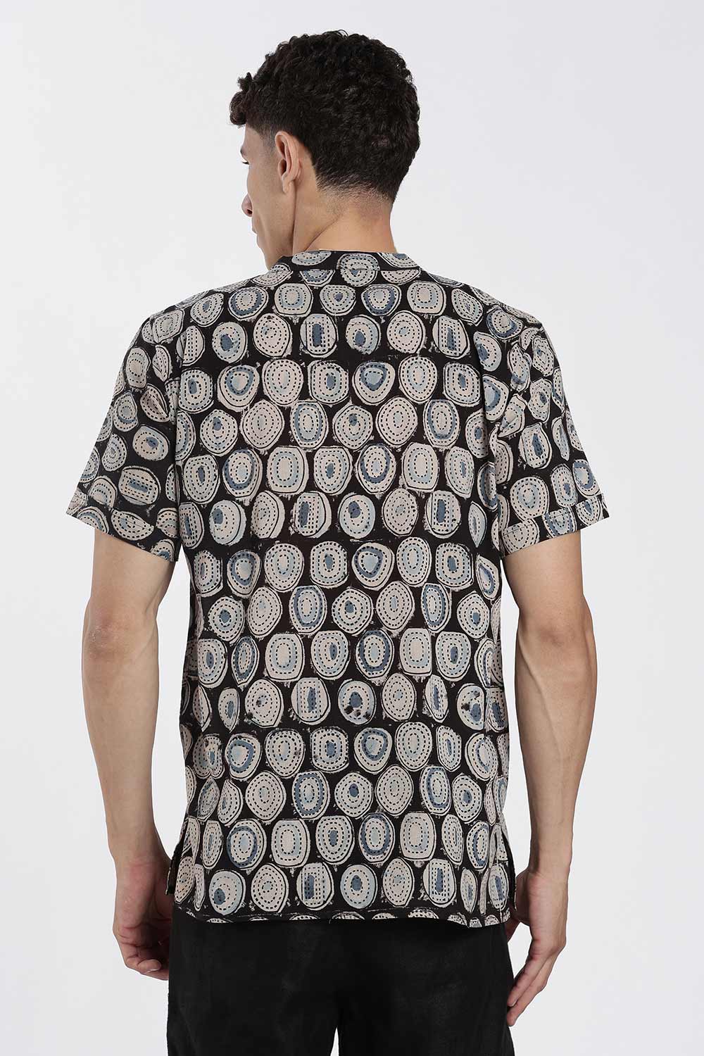 Enhance Men’s Cotton Short Kurta – Printed Casual Kurta with Mandarin Collar & Pocket | Everyday Wear Kurtha - Black - P1KU09