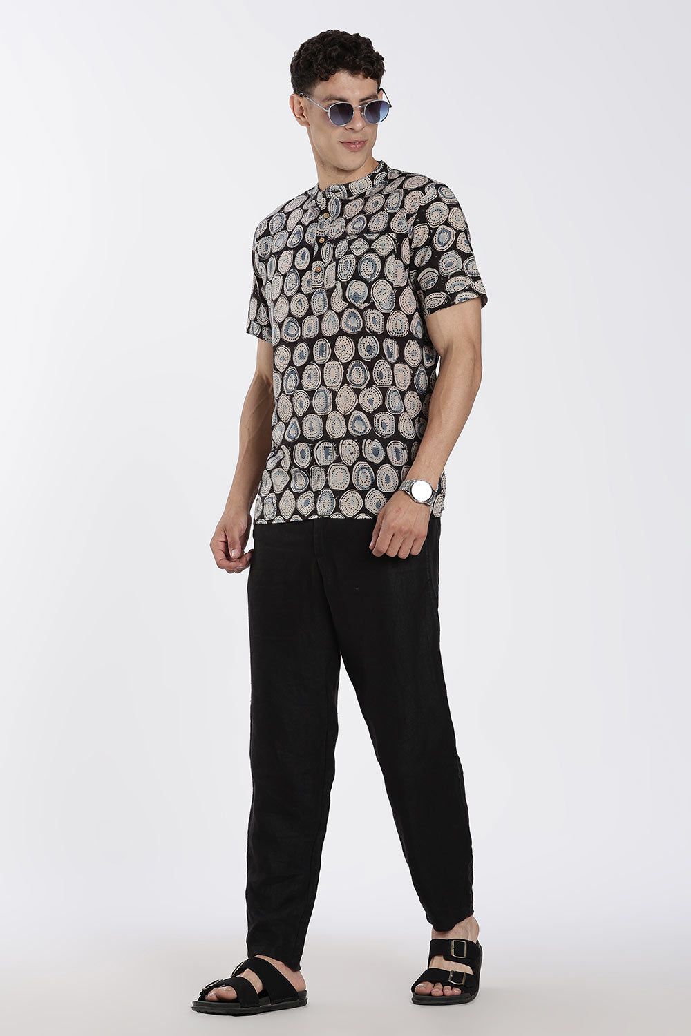 Enhance Men’s Cotton Short Kurta – Printed Casual Kurta with Mandarin Collar & Pocket | Everyday Wear Kurtha - Black - P1KU09