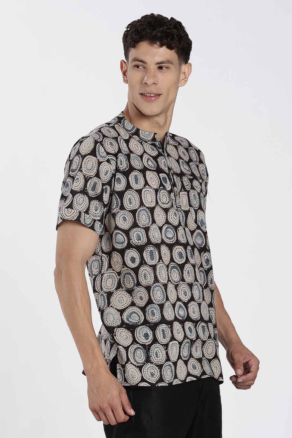 Enhance Men’s Cotton Short Kurta – Printed Casual Kurta with Mandarin Collar & Pocket | Everyday Wear Kurtha - Black - P1KU09