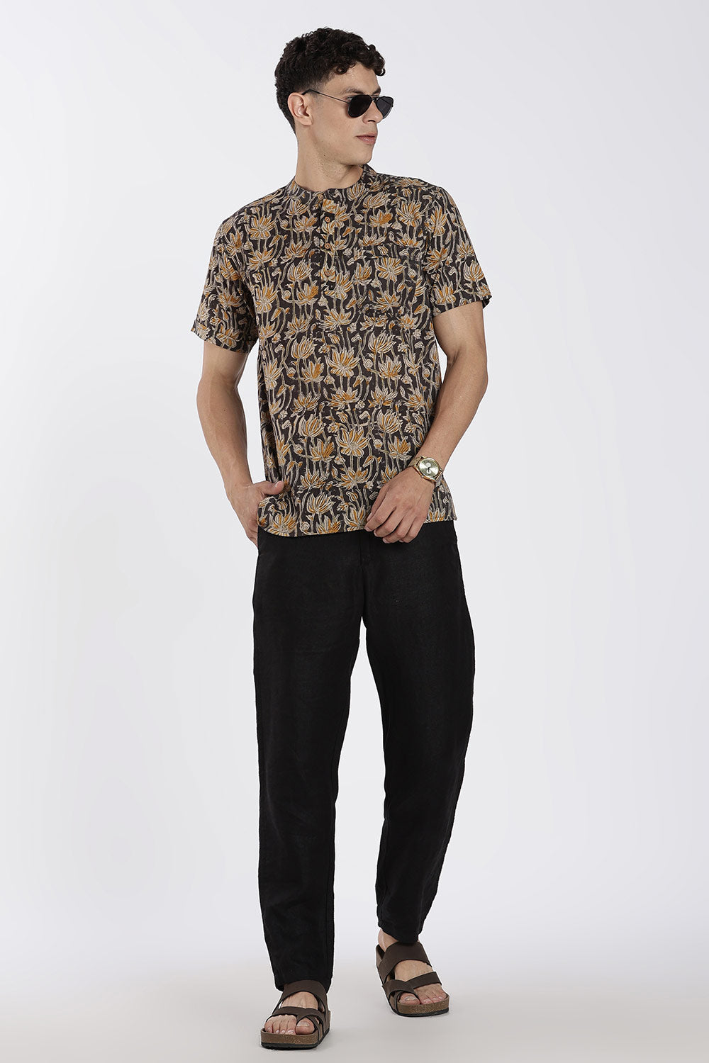 Enhance Men’s Cotton Short Kurta – Printed Casual Kurta with Mandarin Collar & Pocket | Everyday Wear Kurtha - Black - P2KU09