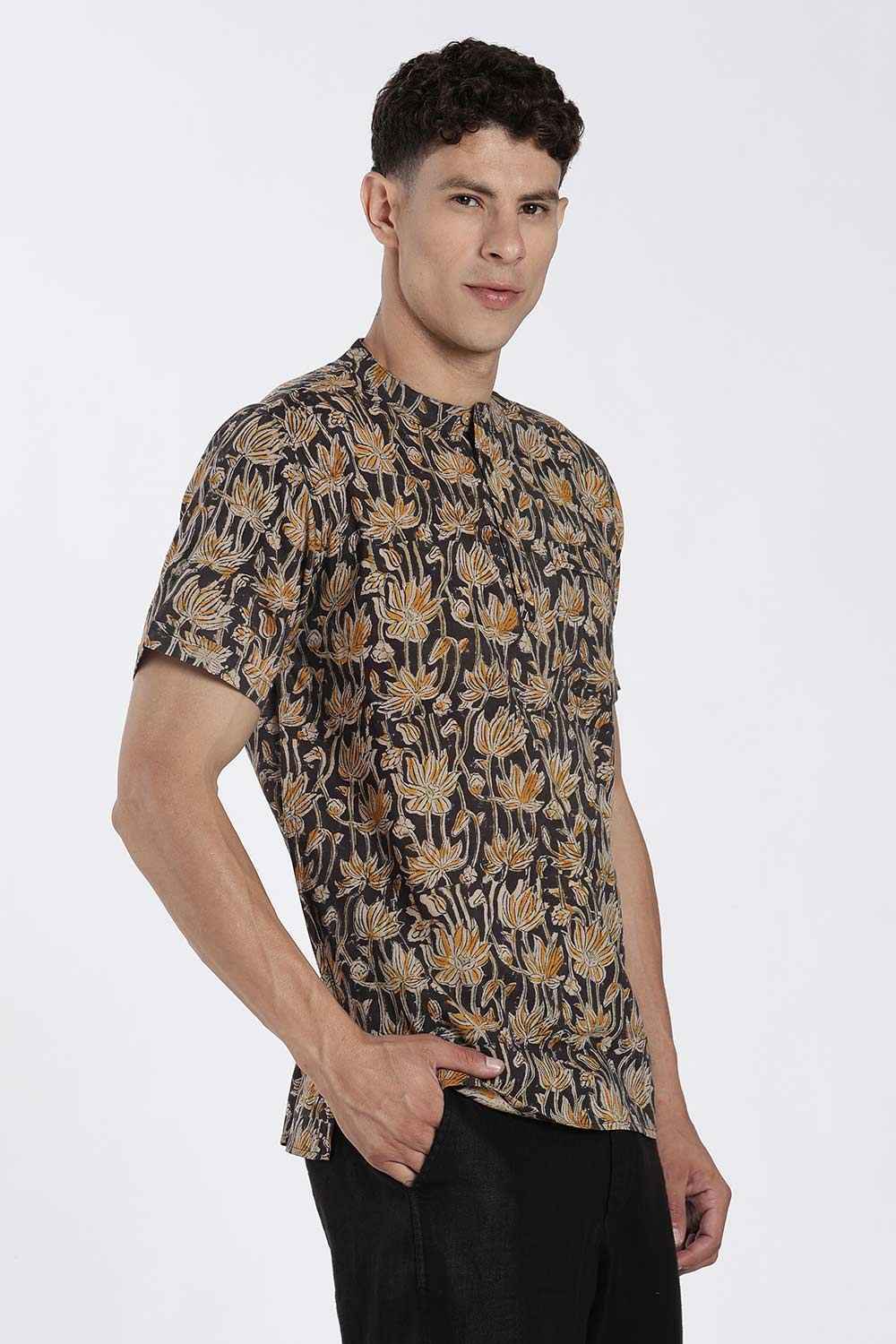 Enhance Men’s Cotton Short Kurta – Printed Casual Kurta with Mandarin Collar & Pocket | Everyday Wear Kurtha - Black - P2KU09