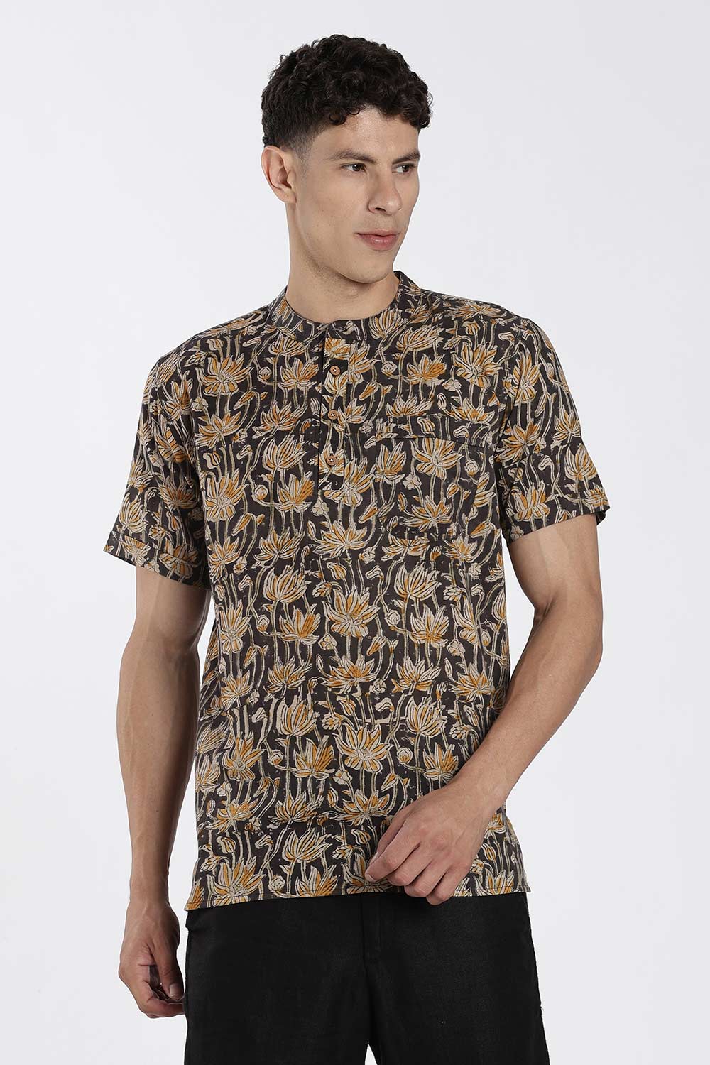 Enhance Men’s Cotton Short Kurta – Printed Casual Kurta with Mandarin Collar & Pocket | Everyday Wear Kurtha - Black - P2KU09