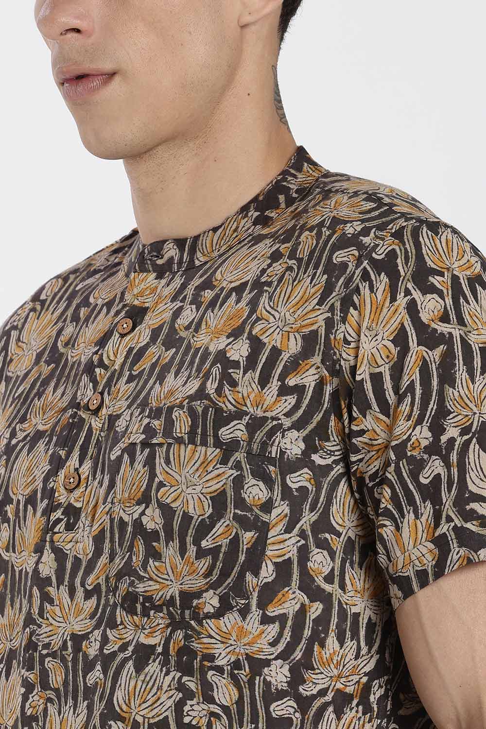 Enhance Men’s Cotton Short Kurta – Printed Casual Kurta with Mandarin Collar & Pocket | Everyday Wear Kurtha - Black - P2KU09