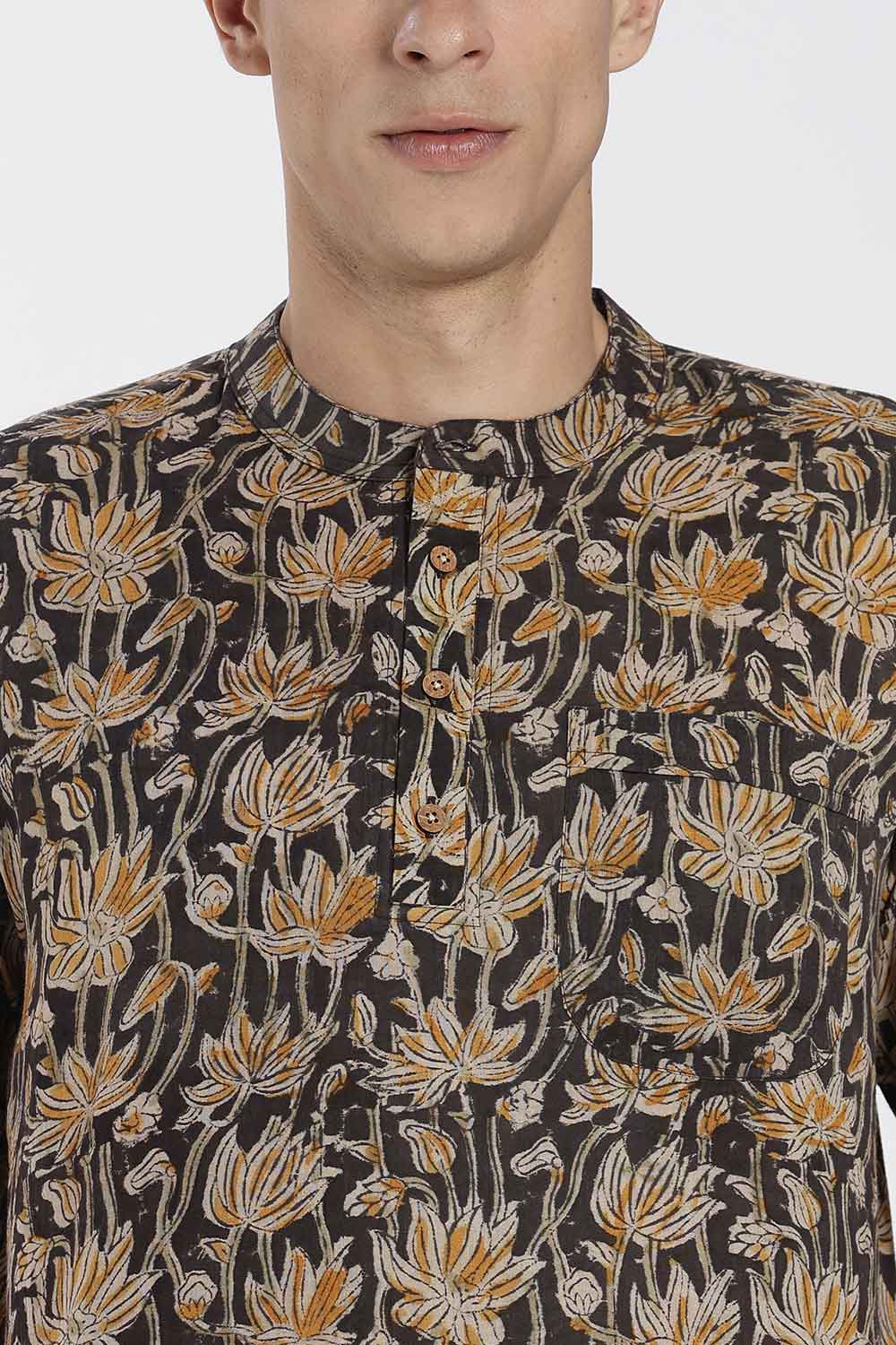 Enhance Men’s Cotton Short Kurta – Printed Casual Kurta with Mandarin Collar & Pocket | Everyday Wear Kurtha - Black - P2KU09