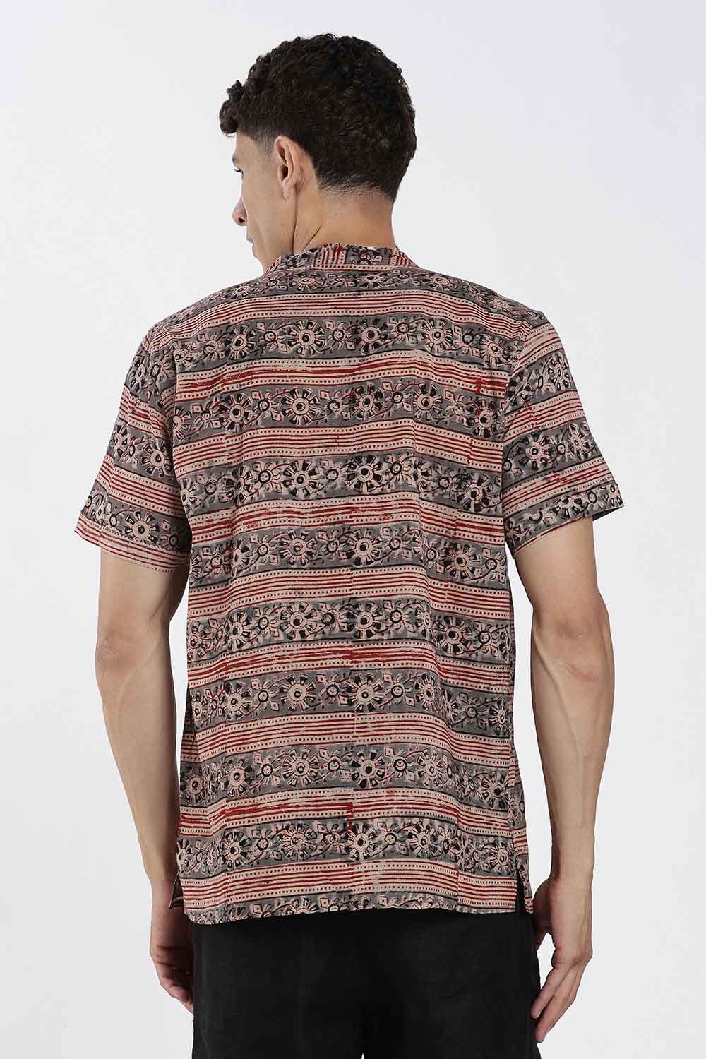 Enhance Men’s Cotton Short Kurta – Printed Casual Kurta with Mandarin Collar & Pocket | Everyday Wear Kurtha - Grey - KU09