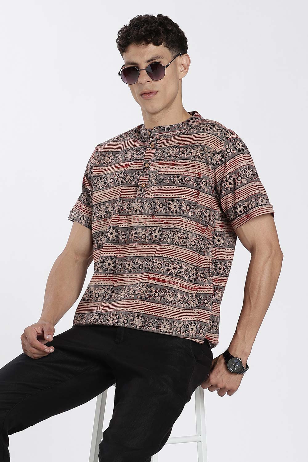 Enhance Men’s Cotton Short Kurta – Printed Casual Kurta with Mandarin Collar & Pocket | Everyday Wear Kurtha - Grey - KU09