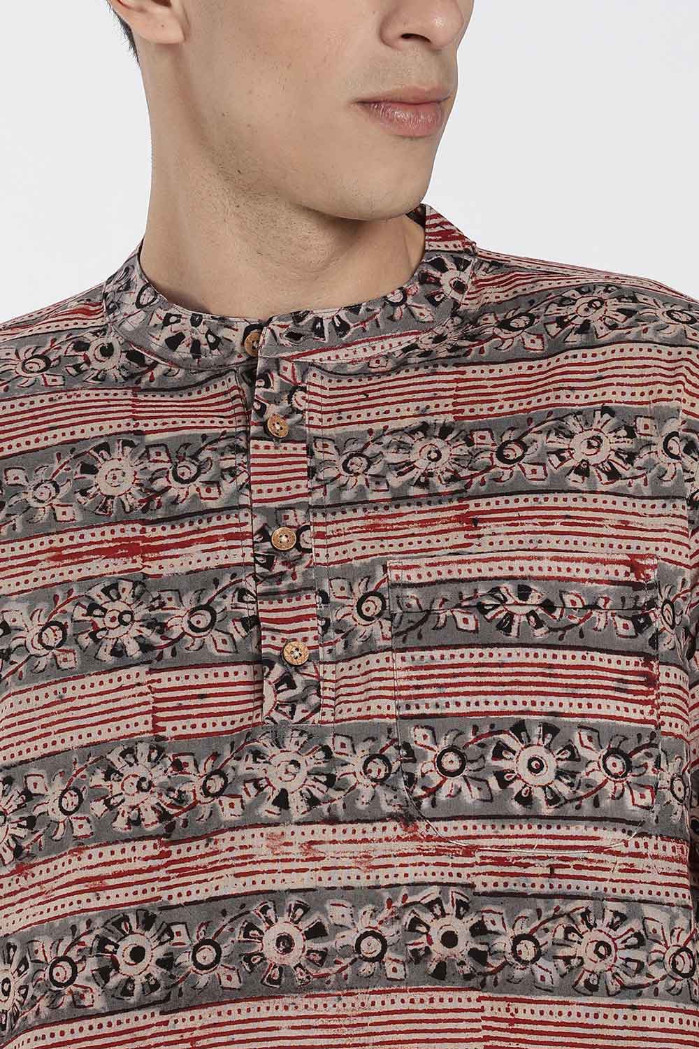 Enhance Men’s Cotton Short Kurta – Printed Casual Kurta with Mandarin Collar & Pocket | Everyday Wear Kurtha - Grey - KU09